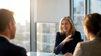 Professional blonde businesswoman smiling during corporate meeting in modern office with colleagues discussing strategy and collaboration.