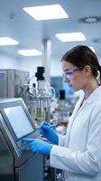 Female scientist in white lab coat and safety glasses using computer in modern laboratory with equipment and glassware for research and analysis.