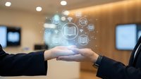 Businesswoman and businessman in formal attire exchange digital education icons above their hands in modern office setting, representing knowledge sharing and e-learning collaboration.