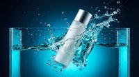 Cosmetic bottle with silver cap splashing into turquoise water with ice cubes, representing skincare product freshness and hydration benefits for beauty and wellness marketing.