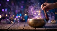 Tibetan singing bowl with magical cosmic energy swirls and colorful bokeh lights creating mystical atmosphere for meditation and spiritual healing practices.