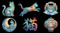 Colorful decorative cats with ornate patterns, isolated on transparent background. Ready for t-shirt design, clipart, stickers, sublimation, print-on-demand products and digital crafts.