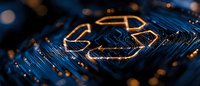 Glowing recycling symbol on dark blue circuit board texture, representing sustainable technology and electronic waste management.