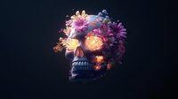 Dark human skull with glowing floral crown featuring pink, purple and yellow luminescent flowers against black background, artistic gothic composition.