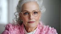 Elegant senior Caucasian woman with silver gray hair wearing glasses and pink blouse, confident mature businesswoman portrait for healthcare and lifestyle concepts.