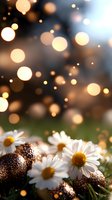 Fresh daisies with glittering decorative balls on grass against magical bokeh lights background creating dreamy summer evening atmosphere.