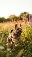 Small Yorkshire Terrier dog running through colorful wildflower meadow at golden hour sunset with purple lupines and orange poppies in natural outdoor setting.