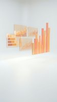 Pastel orange financial dashboard with bar charts, line graphs, and data panels floating on white background for business analytics.