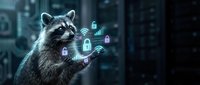 Raccoon interacting with holographic cybersecurity icons including locks, wifi signals and data symbols in futuristic digital environment for tech concepts.