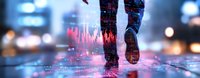 Futuristic digital footsteps with data visualization and stock market graphs reflecting on wet surface, glowing pink and blue lights create cyberpunk atmosphere.