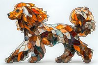 Geometric mosaic dog in orange and brown tones with stained glass effect, stylized as decorative art piece showing movement and flowing lines. Artistic pet illustration.