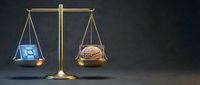 Golden balance scale weighing human brain against digital technology cube on dark background representing AI versus human intelligence comparison.