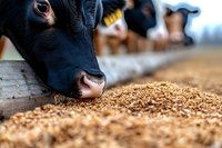 Close-up of black dairy cow eating grain feed from trough on farm, showing detailed nose and mouth with shallow depth of field creating soft background blur.