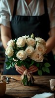 Female florist in black apron holding elegant bouquet of cream white roses with green foliage, tied with ribbon. Dark moody floral composition on wooden surface.
