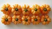 Small decorative orange pumpkins arranged in two neat rows on white background, showing seasonal autumn harvest pattern. Isolated for creative design use.