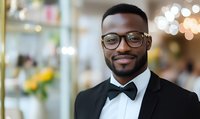 Young African American businessman wearing tuxedo and glasses smiling confidently at formal event with blurred bokeh background, professional portrait.