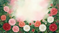 Watercolor floral frame with pink, red, and white camellia roses on a soft pastel background, perfect for greeting cards and invitations.