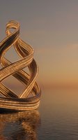 Golden digital data streams flowing in twisted ribbons over calm water surface at sunset creating abstract technology concept for modern business solutions.