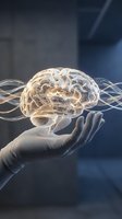 Glowing transparent brain hologram floating above open palm with flowing energy streams in futuristic medical technology concept for AI and neuroscience research.