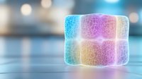 Glowing cube with rainbow gradient and crackled texture effect on blurred background with bokeh lights creates futuristic technological mood.