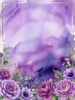 Watercolor floral frame with purple roses, peonies, and golden foliage on lavender wash background. Isolated design element suitable for invitations, greeting cards, and digital projects.