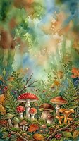 Watercolor forest floor scene with red and brown mushrooms, autumn leaves, and wild plants against soft green and golden sky wash background.