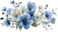 Delicate watercolor arrangement of blue and white flowers with soft green foliage on white background, perfect for wedding stationery and spring designs.