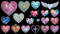 Decorative heart shapes collection featuring ornate designs, floral patterns, watercolor effects, and intricate details isolated on transparent background. Ready for t-shirt designs, stickers, clipart, sublimation, print-on-demand products, and digital crafts.