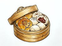 Steamed dim sum in bamboo basket with dumplings, buns and red bean pastry on white background, isolated for menu design.