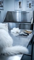 Professional dog grooming station with stainless steel table, grooming tools, and white fur clippings. Ideal for pet care, veterinary, and grooming business marketing.