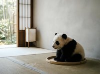 Cute giant panda cub sitting on a wooden tray in a traditional Asian room with tatami floor and shoji screen door.