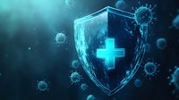 Medical protection shield with glowing cross against virus cells in blue tones, concept of healthcare defense and immune system strength against disease.