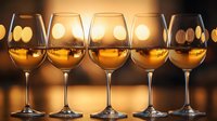 Wine glasses in row with golden liquid reflecting warm bokeh lights against dark background create elegant atmosphere for wine tasting presentation.