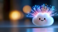 Cute smiling cloud character with glowing colorful fiber optic lights bursting from top, set against a soft bokeh background.
