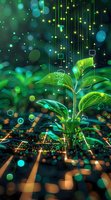 Green plant seedling growing from soil with digital elements, glowing particles and geometric shapes against dark background, representing growth and technology.