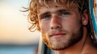 Young athletic Caucasian male with curly blonde hair, blue eyes and beard looking thoughtfully at sunset, close-up portrait with warm golden lighting and blurred background.