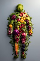 Colorful fruits and vegetables arranged in human body shape on gray background, representing healthy eating and nutrition concept.