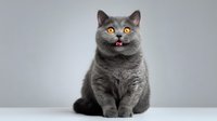 Gray British Shorthair cat with bright yellow eyes and pink tongue sitting against neutral background, looking directly at camera with playful expression.