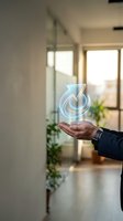 Professional hand holding glowing upward arrow hologram symbol in modern office space with windows and plants, representing growth, success, progress and business development strategy.