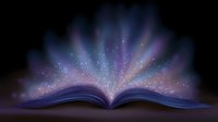 Magical open book with glowing light, sparkles and mystical energy emerging from pages against dark background, creating ethereal purple and blue illumination.