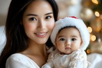 Young Asian mother and baby in Christmas attire share tender moment against blurred holiday lights background, creating warm family atmosphere during winter celebration.