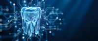 Digital tooth hologram with glowing blue circuits and neural networks for modern dentistry technology and oral healthcare innovation concepts.