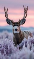 Majestic mule deer buck with large antlers standing in frosty sagebrush during pink sunrise light in winter wilderness habitat for wildlife photography.