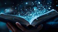 Magical open book floating above hands with glowing blue light particles and sparkles emerging from pages against dark background, creating mystical atmosphere.