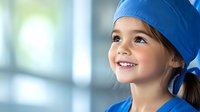 Young girl wearing blue medical scrub cap and uniform smiling brightly in healthcare setting, representing future medical professional aspirations.
