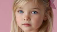 Young girl with blonde hair and striking blue eyes gazing softly at camera against pink background, wearing pink bow, gentle natural lighting creates soft portrait mood.