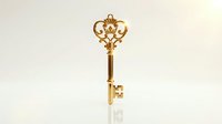 Ornate golden key with decorative crown-shaped head isolated on white background, suitable for luxury branding, success concepts, and design projects.