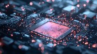 Glowing microprocessor on circuit board with pink and red light particles floating above, creating futuristic technology atmosphere. Modern computing concept.