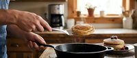 Man cooking pancakes in cast iron skillet at home kitchen counter with stack of golden breakfast pancakes ready to serve on wooden cutting board.