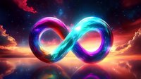 Glowing infinity symbol against dramatic sunset sky with colorful nebula clouds and cosmic light effects, representing eternal concepts and limitless possibilities.